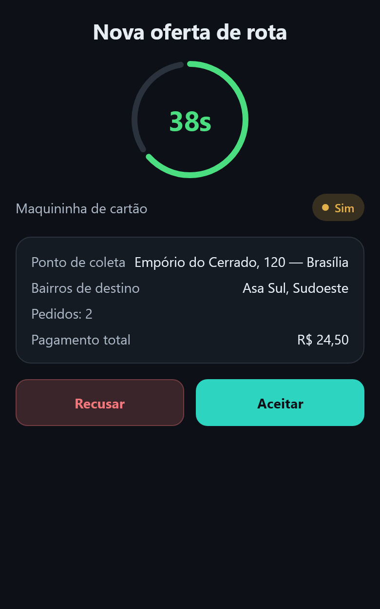 Oferta de rota chegando para o entregador no celular